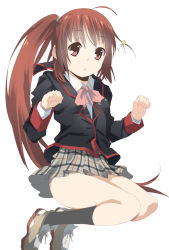 Rule 34 | 1girl, :&lt;, bow, brown hair, ew, highres, jumping, little busters!, long hair, md5 mismatch, natsume rin, pink bow, plaid, plaid skirt, ponytail, red eyes, resolution mismatch, school uniform, skirt, solo, source smaller