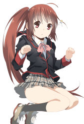 1girl :&lt; bow brown_hair ew female_focus highres jumping little_busters! long_hair md5_mismatch natsume_rin pink_bow plaid_clothes plaid_skirt ponytail red_eyes resolution_mismatch school_uniform skirt solo source_smaller