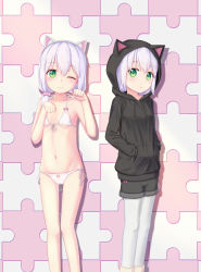 Rule 34 | 1girl, :o, ;3, absurdres, abwan, animal ear fluff, animal ears, animal hood, bare arms, bare shoulders, black hoodie, black shorts, blush, bow, bra, breasts, cameltoe, cat ears, cat hood, closed mouth, clothing cutout, collarbone, commentary request, drawstring, fake animal ears, front-tie bra, fur-trimmed shorts, fur trim, green eyes, hair between eyes, hairband, hands in pocket, heart cutout, highres, hood, hood down, hoodie, pantyhose under shorts, long hair, low twintails, multiple views, navel, one eye closed, original, panties, pantyhose, parted lips, pink bow, purple hair, short shorts, shorts, side-tie panties, small breasts, twintails, underwear, white bra, white hairband, white panties, white pantyhose