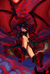 Rule 34 | 1girl, absurdres, arm support, bad id, bad pixiv id, blue hair, club3, fang, female focus, full body, hat, highres, crossed legs, outdoors, red eyes, remilia scarlet, sitting, sky, solo, touhou, wings, wrist cuffs