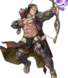 Rule 34 | 1boy, abs, arms up, arrow (projectile), bangle, bara, bare pectorals, belt, bike shorts, black capelet, blonde hair, bodystocking, bow (weapon), bracelet, capelet, closed mouth, clothes lift, collarbone, dai-xt, drawing bow, fire emblem, fire emblem: three houses, fire emblem heroes, gem, highres, holding, holding bow (weapon), holding weapon, hood, hooded capelet, jewelry, leg up, looking up, male focus, matching hair/eyes, muscular, muscular male, navel, nintendo, no nipples, official art, outstretched arm, pectorals, pelvic curtain, pelvic curtain lift, pouch, raphael kirsten, red gemstone, rope, sandals, short hair, simple background, solo, standing, standing on one leg, stomach, thighs, torn clothes, transparent background, v-shaped eyebrows, weapon, yellow eyes, yellow footwear