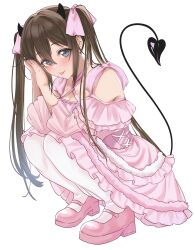 Rule 34 | 1girl, :p, blue eyes, blush, brown hair, demon tail, dress, full body, highres, horns, long hair, looking at viewer, love live!, love live! nijigasaki high school idol club, mei hinamatsu, osaka shizuku, pink dress, shoes, smile, squatting, tail, thighhighs, tongue, tongue out, twintails, white background, white thighhighs