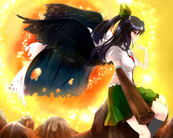 Rule 34 | 1girl, arm cannon, bad id, bad pixiv id, black hair, black wings, bow, cape, feathered wings, finger to mouth, hair bow, highres, long hair, naughty face, nnyara, open mouth, ponytail, profile, red eyes, reiuji utsuho, solo, third eye, touhou, weapon, wings
