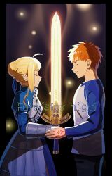 Rule 34 | 1boy, 1girl, ahoge, armor, armored skirt, artoria pendragon (all), artoria pendragon (fate), black border, blue ribbon, border, braid, closed eyes, command spell, emiya shirou, fate/stay night, fate (series), glowing, glowing sword, glowing weapon, hair ribbon, hal (haaaalhal), highres, holding, holding sword, holding weapon, juliet sleeves, long sleeves, orange hair, puffy sleeves, raglan sleeves, ribbon, saber (fate), sword, weapon