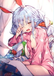 Rule 34 | 1girl, alternate costume, animal ear fluff, animal ears, animal print, bed, bed sheet, blue hair, blush, bow, braid, breasts, carrot hair ornament, carrot print, collarbone, food-themed hair ornament, food print, hair bow, hair ornament, highres, hololive, long braid, long hair, long sleeves, looking at viewer, medium breasts, multicolored hair, on bed, one eye closed, open mouth, open pajamas, pajamas, pink pajamas, print pajamas, rabbit-shaped pupils, rabbit ears, rabbit print, redcomet, rubbing eyes, sitting, solo, symbol-shaped pupils, thick eyebrows, twin braids, two-tone hair, usada pekora, virtual youtuber, white bow, white hair