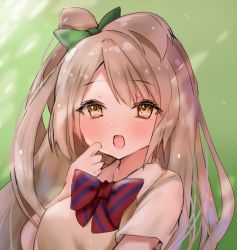 Rule 34 | 1girl, artist name, artist request, blush, bow, bowtie, breasts, brown eyes, brown hair, clenched hand, close-up, collared shirt, female focus, green bow, grey hair, hair bow, hair rings, light brown hair, long hair, long sleeves, looking at viewer, love live!, love live! school idol project, medium breasts, minami kotori, otonokizaka school uniform, parted lips, ponytail, red bow, school uniform, shirt, short sleeves, side ponytail, smile, solo, striped, striped bow, sweater vest, upper body, vest, white shirt, yellow eyes, yellow vest