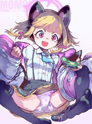 Rule 34 | 1girl, :d, absurdres, animal ear headphones, animal ears, blonde hair, blue archive, blue necktie, blush, bow, cat ear headphones, cat ears, controller, fake animal ears, hair bow, halo, headphones, highres, holding, holding controller, jacket, long sleeves, low-tied sidelocks, momoi (blue archive), necktie, open clothes, open mouth, panties, pantyshot, pink halo, pink panties, shirt, short hair, simple background, sitting, smile, solo, suzuki kyoutarou, tail, underwear, wide sleeves