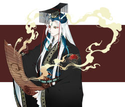 Rule 34 | absurdres, alternate costume, artist request, chinese clothes, fate/grand order, fate (series), guan hat, hat, highres, horns, long hair, makeup, male focus, mian guan, multicolored hair, red eyes, robe, scroll, shi huang di (fate), smoke, solo, very long hair