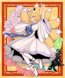 Rule 34 | absurdres, animal, animal ear piercing, animal ears, animal hat, art nouveau, black cat, blonde hair, blue tabard, cat, cat tail, chen, chen (cat), flower, fox ears, fox tail, hat, highres, multiple tails, soretsu nitohei, tabard, tail, touhou, two tails, yakumo ran