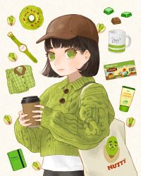 Rule 34 | 1girl, bag, black hair, brown hat, chocolate, cup, disposable cup, doughnut, female focus, food, green eyes, green sweater, green theme, hat, highres, holding, holding cup, lotion bottle, mug, notebook, original, pistachio, sleeves past wrists, solo, sumika inagaki, sweater, watch, wristwatch