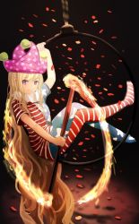 Rule 34 | 1girl, american flag dress, american flag legwear, blonde hair, closed mouth, clownpiece, dress, fairy, full body, hat, highres, holding, holding torch, jester cap, long hair, pantyhose, pink eyes, pink hat, polka dot, polka dot headwear, sly930105, smile, solo, star (symbol), star print, striped clothes, striped dress, striped pantyhose, torch, touhou