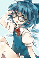 Rule 34 | 1girl, adjusting eyewear, bespectacled, blue dress, blue eyes, blush, cirno, dress, fang, glasses, hair ribbon, ice, ice wings, looking at viewer, open mouth, puffy short sleeves, puffy sleeves, ribbon, shirt, short sleeves, sitting, smile, solo, touhou, wings, zoooo19, zusan
