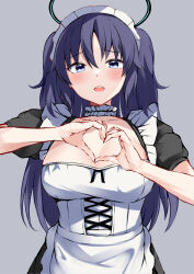 Rule 34 | 1girl, alternate costume, apron, black dress, blue archive, dress, enmaided, frilled apron, frilled dress, frills, halo, heart, heart hands, highres, irohara, maid, maid apron, maid headdress, short sleeves, solo, two side up, waist apron, white apron, yuuka (blue archive)