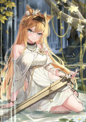 Rule 34 | 1girl, absurdres, animal ears, arknights, arm support, bare shoulders, black hairband, blonde hair, commentary request, dress, flower, hair flower, hair ornament, hairband, highres, holding, holding sword, holding weapon, horn (arknights), horn (to effloresce whitely) (arknights), long hair, looking at viewer, official alternate costume, sitting, solo, sword, v-shaped eyebrows, very long hair, weapon, white dress, white flower, wolf ears, yeosi