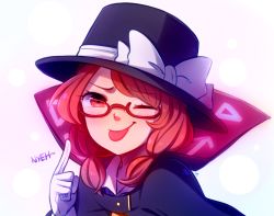 Rule 34 | 1girl, ;p, blush, bow, cape, commentary, glasses, gloves, hat, hat bow, high collar, index finger raised, looking at viewer, medium hair, one eye closed, portrait, red-framed eyewear, red eyes, red hair, semi-rimless eyewear, simple background, smile, solo, speckticuls, tongue, tongue out, top hat, touhou, under-rim eyewear, usami sumireko, white gloves