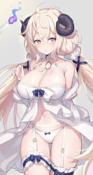 Rule 34 | 1girl, 3:, absurdres, ahoge, bare shoulders, blonde hair, breasts, bridal garter, candle, center opening, cleavage, closed mouth, collarbone, counter:side, cowboy shot, curled horns, demon horns, dress, garter belt, gluteal fold, grey background, hair ornament, hair scrunchie, halterneck, halterneck, hand up, highres, horns, jacket, large breasts, long hair, long sleeves, looking at viewer, low twintails, lulu (counter:side), navel, off shoulder, open clothes, open jacket, panties, purple eyes, revealing clothes, scrunchie, serin199, simple background, sleeveless, sleeveless dress, solo, spaghetti strap, sparkling eyes, standing, stomach, string panties, symbol-shaped pupils, thigh gap, thighs, twintails, underwear, very long hair, white dress, white jacket, white panties