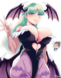 Rule 34 | 1boy, 1girl, 2023, absurdres, artist name, ascot, bat print legwear, bat wings, black leotard, blush, breasts, bridal gauntlets, capcom, chibi, cleavage, clothing cutout, collarbone, commentary, demitri maximoff, demon girl, from below, fur trim, green eyes, green hair, head wings, heart, heart cutout, highleg, highleg leotard, highres, hime cut, huge breasts, leotard, long hair, looking at viewer, low wings, morrigan aensland, necktie, nervous smile, no pupils, pantyhose, simple background, skm nnm, smile, standing, thick thighs, thighs, vampire (game), waving, white background, white eyes, wide hips, wings