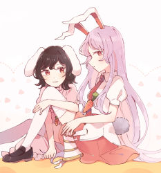 Rule 34 | 2girls, :3, :o, animal ears, blush, breasts, carrot, carrot necklace, closed mouth, collared shirt, dress, eyebrows hidden by hair, fingernails, floppy ears, foot out of frame, highres, inaba tewi, jewelry, knee up, long hair, looking at another, lunatic gun, medium breasts, mozukuzu (manukedori), multiple girls, necklace, necktie, parted lips, pink dress, pink skirt, profile, puffy short sleeves, puffy sleeves, purple hair, rabbit ears, rabbit tail, red eyes, red neckwear, reisen udongein inaba, shirt, short sleeves, sideways glance, skirt, tail, thighhighs, touhou, very long hair, white legwear, white shirt, wing collar