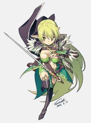 Rule 34 | 1girl, 2023, airseal, arm mounted weapon, black cape, bow (weapon), breasts, bridal gauntlets, cape, cleavage, crossbow, dated, elf, elsword, full body, green eyes, green hair, grey background, highres, holding, holding sword, holding weapon, long hair, medium breasts, midriff, night watcher (elsword), pointy ears, rena erindel, signature, simple background, solo, sword, very long hair, weapon