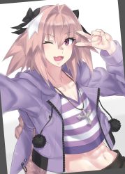 Rule 34 | 1boy, ;d, abs, astolfo (fate), astolfo (memories at trifas) (fate), black ribbon, blush, braid, fang, fate/apocrypha, fate/grand order, fate (series), hair intakes, hair ribbon, highres, long braid, long hair, looking at viewer, male focus, mizuumi (bb), multicolored hair, navel, official alternate costume, one eye closed, open mouth, pink hair, purple eyes, reaching, reaching towards viewer, ribbon, selfie, shirt, single braid, skin fang, smile, solo, streaked hair, striped clothes, striped shirt, taking picture, trap, v, v over eye, white hair