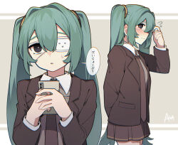 1girl aqua_hair black_eyes black_jacket black_necktie black_skirt blush bright_pupils cellphone collared_shirt eyepatch flying_sweatdrops freckles hair_between_eyes hair_intakes hatsune_miku holding holding_phone jacket medical_eyepatch monitoring_(vocaloid) necktie phone pleated_skirt sato_(r017xts117) shirt skirt small_sweatdrop smartphone solo twintails vocaloid wavy_mouth white_pupils white_shirt