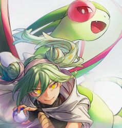Rule 34 | 1girl, 1other, antennae, bandaged arm, bandages, brown cape, cape, claws, creatures (company), crop top, double bun, dragon, dragon wings, fangs, flygon, game freak, gen 3 pokemon, gloves, great ball, green hair, green wings, ground miku (project voltage), hair bun, hatsune miku, highres, long hair, nintendo, orange eyes, poke ball, pokemon, pokemon (creature), project voltage, rbfflddl, red visor, single glove, smile, very long hair, vocaloid, white background, wind, wings