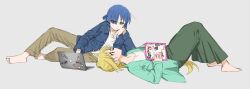 Rule 34 | 2girls, absurdres, barefoot, blonde hair, blue hair, bocchi the rock!, casual, collared shirt, computer, expressionless, eye contact, face-to-face, from side, grey background, highres, ijichi nijika, laptop, looking at another, looking down, lying, magazine (object), melodyguru, mole, mole under eye, multiple girls, pants, shirt, short hair, yamada ryo, yellow eyes