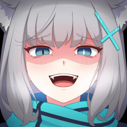 Rule 34 | 1girl, :d, animal ears, blue archive, blue eyes, blue scarf, blush, crazy smile, cross hair ornament, fangs, hair ornament, half-closed eyes, highres, long hair, looking at viewer, mismatched pupils, open mouth, scarf, shiroko (blue archive), slit pupils, smile, solo, stryx, upper body, white hair