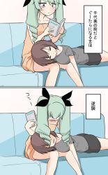 Rule 34 | 10s, 2girls, 2koma, anchovy (girls und panzer), black ribbon, book, brown hair, casual, closed eyes, closed mouth, comic, commentary, couch, drill hair, frown, girls und panzer, green hair, hair ribbon, highres, holding, holding book, hoshikawa (hoshikawa gusuku), indoors, long hair, looking at another, looking down, lying, multiple girls, nishizumi maho, on stomach, open mouth, red eyes, ribbon, short hair, sitting, sleeping, translated, twin drills, twintails