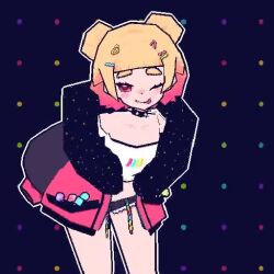 Rule 34 | 1girl, 3d, :3, :d, :p, aliasing, animated, black shorts, blonde hair, blunt bangs, blush, candy, closed eyes, collar, crop top, cutoffs, dancing, double bun, female focus, food, fur-trimmed jacket, fur trim, gradient hair, grynmoor, hair bun, hair ornament, hairclip, heart, holding, holding candy, holding food, indie virtual youtuber, jacket, laughing, leaning forward, lollipop, looking at viewer, looping animation, low poly, multicolored hair, naughty face, navel, off shoulder, one eye closed, open mouth, outline, pink eyes, short shorts, shorts, sleeves past wrists, smile, solo, spiked collar, spikes, thick eyebrows, tongue, tongue out, video, virtual youtuber, white outline, wink