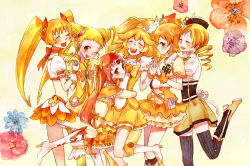 Rule 34 | 00s, 10s, 6+girls, blonde hair, boots, bow, capelet, closed eyes, color connection, cone hair bun, crossover, cure lemonade, cure muse, cure muse (yellow), cure peace, cure pine, cure sunshine, dress, drill hair, eyelashes, floral background, flower, fresh precure!, frills, hair bun, hair flaps, hair ornament, heartcatch precure!, height difference, high heel boots, high heels, highres, holding hands, interlocked fingers, jewelry, kasugano urara (yes! precure 5), kise yayoi, knee boots, looking at viewer, magical girl, mahou shoujo madoka magica, mahou shoujo madoka magica (anime), multiple girls, myoudouin itsuki, noah (livas), noah 0628, odd one out, one eye closed, orange skirt, orange theme, precure, ribbon, shirabe ako, shorts, shorts under skirt, skirt, smile, smile precure!, standing, standing on one leg, suite precure, thighhighs, tomoe mami, twin drills, twintails, wide ponytail, wink, yamabuki inori, yellow background, yellow bow, yellow dress, yellow shorts, yellow skirt, yellow theme, yes! precure 5, yes! precure 5 gogo!