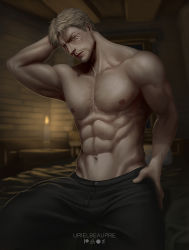 Rule 34 | 1boy, abs, arm behind head, artist name, bara, bed, black pants, blonde hair, brown eyes, closed mouth, facial hair, facial mark, highres, large pectorals, looking at viewer, male focus, muscular, muscular male, navel, nipples, pants, pectorals, reiner braun, shingeki no kyojin, short hair, sitting, solo, topless male, urielbeaupre15