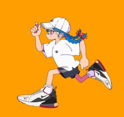 Rule 34 | 1girl, air max, bandaid, bandaid on face, bandaid on nose, baseball cap, black shorts, blue hair, braid, closed mouth, floating hair, from side, full body, hair ribbon, hand up, hat, highres, nao97122, nike (company), orange background, original, pink ribbon, profile, purple eyes, ribbon, running, shirt, shoes, short sleeves, shorts, simple background, sneakers, socks, solo, t-shirt, triple vertical stripe, twin braids, white footwear, white hat, white shirt, white socks