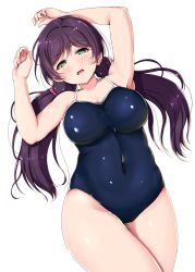 Rule 34 | 1girl, absurdres, blue one-piece swimsuit, breasts, competition school swimsuit, covered navel, green eyes, highleg, highleg swimsuit, highres, large breasts, long hair, love live!, love live! school idol project, low twintails, one-piece swimsuit, parted bangs, pink scrunchie, purple hair, school swimsuit, scrunchie, shinonon (iso shino), simple background, skin tight, skindentation, solo, swept bangs, swimsuit, thighs, tojo nozomi, twintails, white background