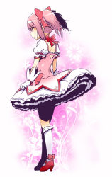 Rule 34 | 10s, 1girl, bow, bubble skirt, c (neta), dress, gloves, hair bow, hair ornament, heart, high heels, kaname madoka, kaname madoka (magical girl), magical girl, magukappu, mahou shoujo madoka magica, mahou shoujo madoka magica (anime), pink background, pink eyes, pink hair, shoes, short hair, short twintails, skirt, solo, twintails