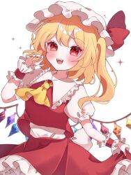 Rule 34 | 1girl, ascot, blonde hair, cowboy shot, crystal, dress, flandre scarlet, hat, medium hair, mob cap, open mouth, red dress, red eyes, simple background, siomi 403, solo, sparkle, touhou, white background, yellow ascot