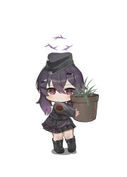 Rule 34 | 1girl, absurdres, black footwear, black hair, black hat, black jacket, black skirt, blue archive, blush, boots, chibi, closed mouth, dokomon, flower pot, full body, garrison cap, hair between eyes, hair ornament, hairclip, halo, haruka (blue archive), hat, highres, holding, jacket, long sleeves, looking at viewer, plant, pleated skirt, potted plant, purple eyes, shadow, simple background, skirt, sleeves past wrists, smile, solo, standing, white background