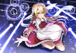 Rule 34 | 1girl, apron, black footwear, black ribbon, blonde hair, blue background, breasts, closed mouth, collared dress, danmaku, dress, frilled apron, frilled dress, frills, highres, holding, kneeling, knife, laser, long hair, magic circle, maid, maid apron, maid headdress, neck ribbon, outstretched hand, puffy short sleeves, puffy sleeves, revision, ribbon, sea scorpion (umisasori), short sleeves, small breasts, solo, touhou, touhou (pc-98), waist apron, wristband, yellow eyes, yumeko (touhou)