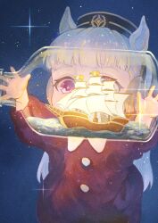 Rule 34 | 1girl, animal ears, bottle, brown hat, child, collared dress, diffraction spikes, dress, gold ship (umamusume), hat, highres, horse ears, jean jdw, long hair, long sleeves, open mouth, purple eyes, red dress, ship in a bottle, solo, sparkle, standing, star (sky), umamusume, umamusume: peace peace cepea cepea golshi-chan, upper body, water