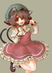 Rule 34 | 1girl, :d, animal ears, blush, bow, bowtie, brown eyes, brown hair, cat ears, cat tail, chen, dress, foot out of frame, gold trim, grey background, happy, hat, highres, looking at viewer, mob cap, multiple tails, nekomata, open mouth, paw pose, red dress, short hair, simple background, smile, solo, standing, standing on one leg, tail, tikano, touhou, two tails, white bow, white bowtie