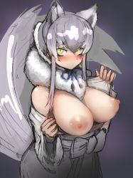 Rule 34 | 1girl, absurdres, animal ears, blush, bow, breasts, breasts out, closed mouth, clothes pull, detached collar, extra ears, flashing, fur collar, grey hair, hair between eyes, highres, japanese clothes, kemono friends, kimono, large breasts, long sleeves, looking at viewer, makami (kemono friends), multicolored hair, nipples, no bra, nose blush, pulling own clothes, shibori kasu, short hair with long locks, sidelocks, sketch, solo, tail, two-tone hair, upper body, white hair, wide sleeves, wolf ears, wolf girl, wolf tail, yellow eyes