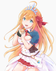 Rule 34 | 1girl, ahoge, blue eyes, blush, braid, breasts, cleavage, commentary request, food, frills, gem, hair between eyes, hair ornament, hair ribbon, large breasts, long hair, looking at viewer, o-ring, open mouth, orange hair, pecorine (princess connect!), princess connect!, puffy short sleeves, puffy sleeves, red ribbon, ribbon, short sleeves, simple background, smile, solo, teeth, tiara, upper teeth only, very long hair, white background, yj (yujay2837)