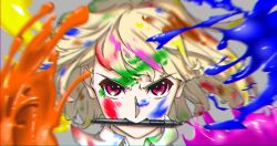 Rule 34 | 1other, androgynous, blonde hair, commentary request, ebata kyouhei, highres, mouth hold, original, other focus, paint, paint in hair, paint on body, paint on clothes, paint splatter, paint splatter on face, portrait, purple eyes, serious, stylus, v-shaped eyebrows