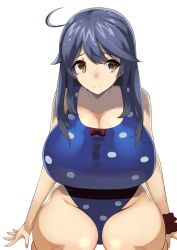 Rule 34 | 10s, 1girl, ahoge, asanuma, bare shoulders, bikini, black hair, blue hair, blue one-piece swimsuit, breasts, brown eyes, cleavage, curvy, female focus, huge breasts, kantai collection, light smile, long hair, one-piece swimsuit, polka dot, polka dot bikini, polka dot swimsuit, shiny skin, simple background, sitting, smile, solo, split mouth, swimsuit, thighs, ushio (kancolle), white background, wide hips