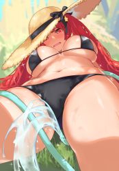 Rule 34 | 1girl, alternate costume, azur lane, bikini, black bikini, blush, breasts, cleavage, cowboy shot, from below, hair ornament, hair ribbon, hat, hat ribbon, honolulu (azur lane), honolulu (summer accident?!) (azur lane), hose, kachua (kachua l), large breasts, long hair, looking at viewer, looking down, navel, open mouth, red eyes, red hair, ribbon, solo, star (symbol), star hair ornament, straw hat, string bikini, swimsuit, twintails, water, wavy mouth, wet