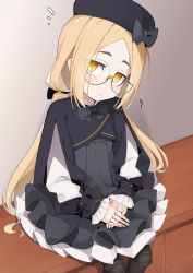 Rule 34 | 1girl, beret, black bow, black dress, black hat, black jacket, black pantyhose, bow, closed mouth, cropped jacket, doll joints, dress, feet out of frame, forehead, glasses, hat, hat bow, head tilt, highres, iberis (ogami kazuki), jacket, joints, light brown hair, light smile, long hair, long sleeves, looking at viewer, notice lines, ogami kazuki, orange eyes, original, pantyhose, parted bangs, puffy long sleeves, puffy sleeves, round eyewear, sitting, sleeves past wrists, solo, thick eyebrows, very long hair