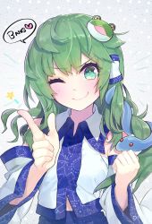 Rule 34 | 1girl, ;), bare shoulders, blue skirt, blush, clenched hand, commentary request, detached sleeves, finger gun, frog hair ornament, green eyes, green hair, grey background, hair between eyes, hair ornament, hair tubes, heart, kochiya sanae, long hair, long sleeves, looking at viewer, one eye closed, sarashi, shirt, sidelocks, simple background, skirt, smile, snake hair ornament, solo, speech bubble, star (symbol), syuri22, touhou, upper body, white shirt, wide sleeves