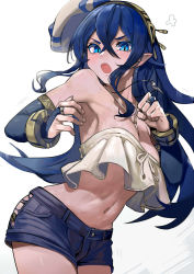 Rule 34 | 1girl, beata (walzrj), blue hair, bra, breasts, bridal gauntlets, cleavage, denim, denim shorts, detached sleeves, dress, front-tie bra, hip vent, jewelry, long hair, looking at viewer, navel, necklace, open mouth, original, pointy ears, ponytail, shorts, simple background, solo, strapless, strapless dress, underwear, walzrj, white background