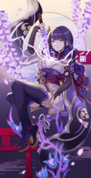 Rule 34 | 1girl, armor, braid, breasts, bridal gauntlets, cleavage, closed mouth, coattails, commentary request, egasumi, electricity, floral print, flower, full body, genshin impact, geta, hair ornament, highres, holding, holding sword, holding weapon, japanese clothes, kimono, large breasts, long hair, long sleeves, looking at viewer, mitsudomoe (shape), mole, mole under eye, nail polish, obi, obiage, obijime, purple eyes, purple flower, purple hair, purple nails, raiden shogun, ribbon, sash, seigaaaa, shoulder armor, solo, sword, tassel, thighhighs, tomoe (symbol), torii, weapon, wide sleeves