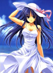 Rule 34 | blue eyes, blue hair, day, dress, fumio (ura fmo), hat, highres, long hair, nagasumi mana, solo, sorauta, sun hat, sundress